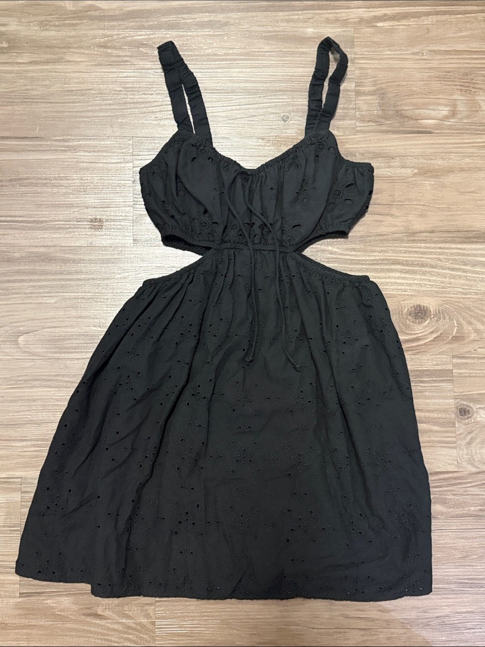 American Eagle Eyelet Cutout Babydoll Mini Dress XS Black 100% Cotton - Picture 2 of 15